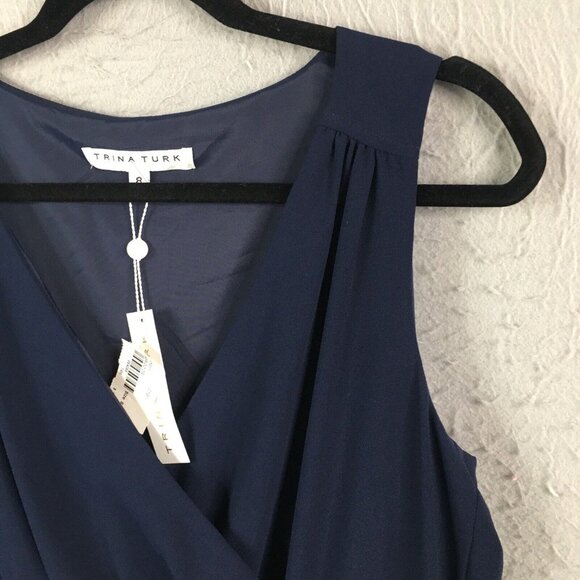 Trina Turk Dress Women 8 Navy Blue Crossover Cape Back V Neck Sassy Fun NEW - Picture 12 of 16